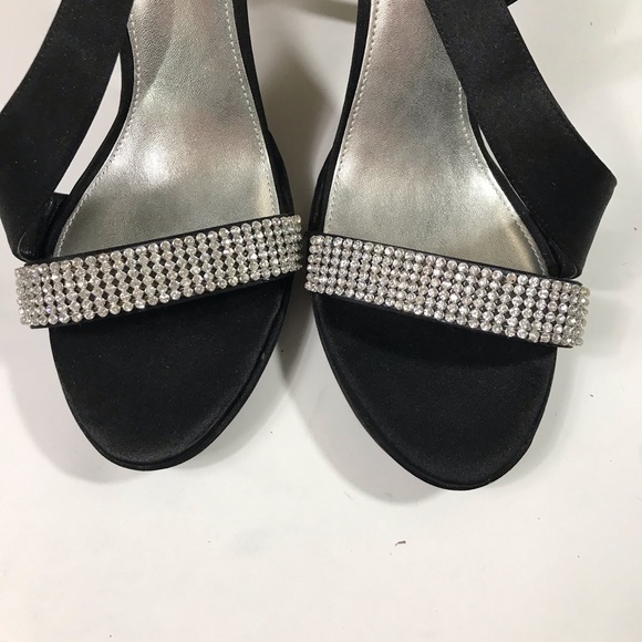 Nina Black Satin + Rhinestone Strappy High Heels - Picture 11 of 13